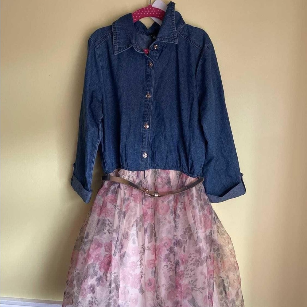 Zunie Denim and Floral Dress with Belt